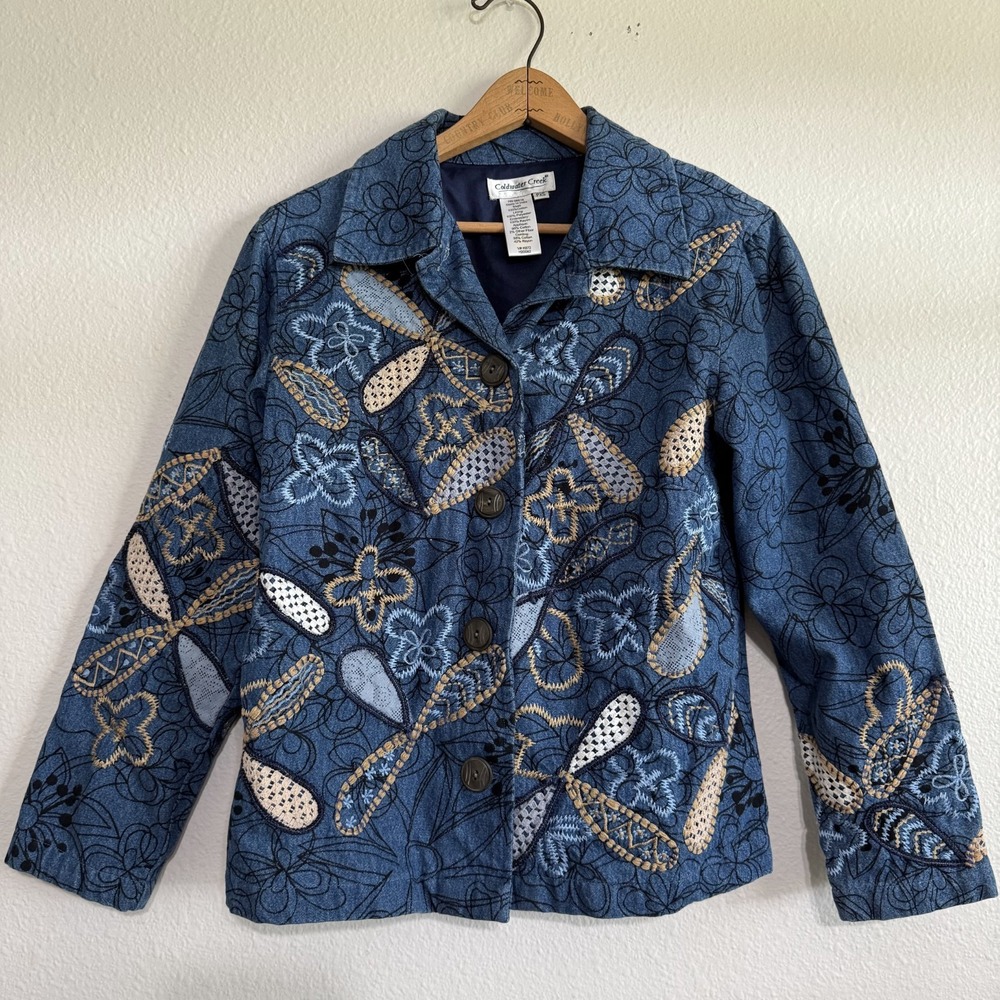 Vintage Coldwater Creek Jacket Women's PXS Blue Denim Floral‎ Embroidered Retro